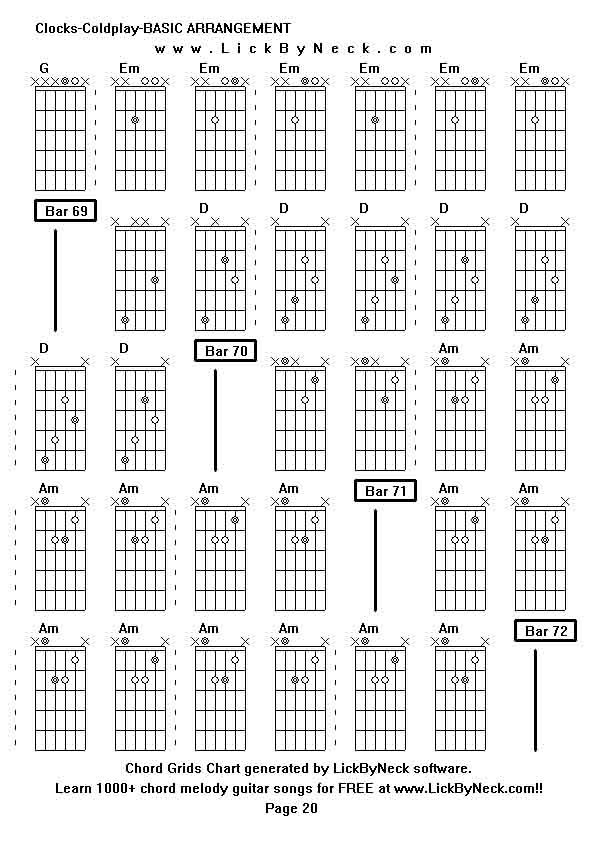 Chord Grids Chart of chord melody fingerstyle guitar song-Clocks-Coldplay-BASIC ARRANGEMENT,generated by LickByNeck software.